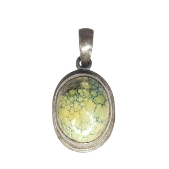 Yellow Green Spiderweb Variscite Sterling Pendant, Native American Style - Picture 2 of 4